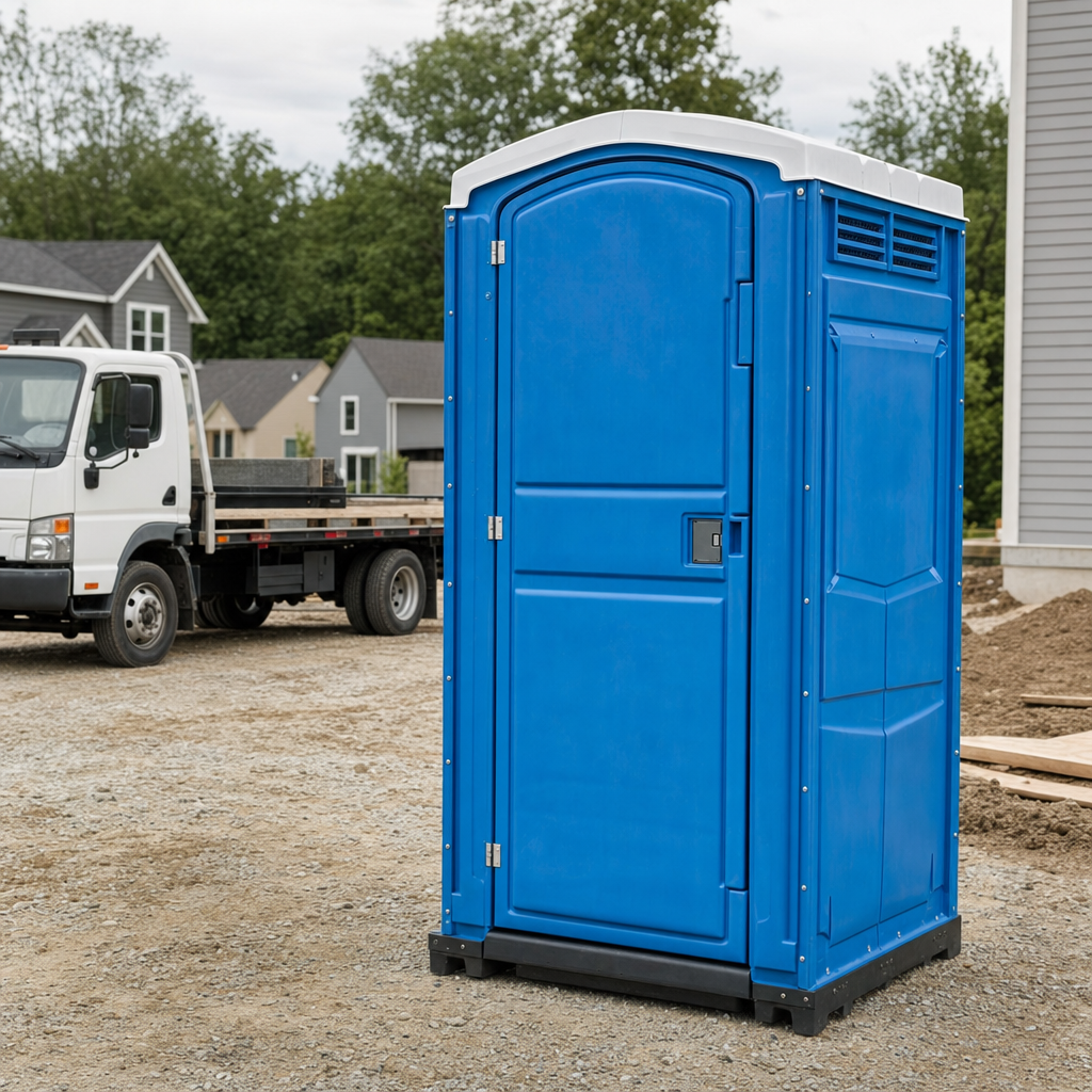 Delivery driver positioning a clean royal-blue portable toilet on level ground at a Phoenix worksite