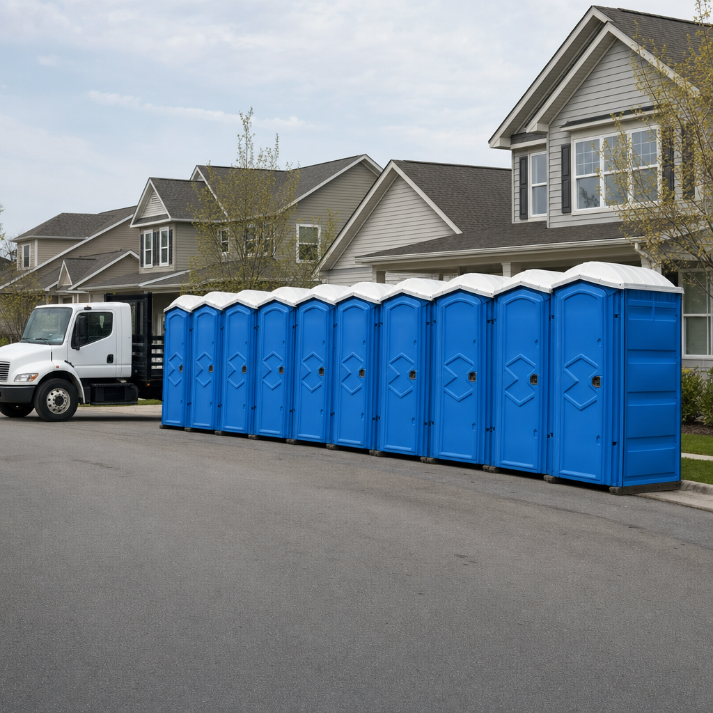 Royal blue portable toilets staged in a tidy row at a Phoenix jobsite, ready for delivery